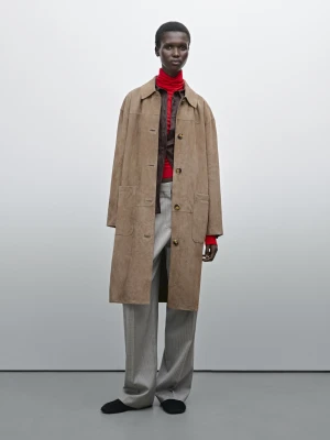 Skórzany Trencz Z Zamszu - Szarobrązowy - - Massimo Dutti - Kobieta