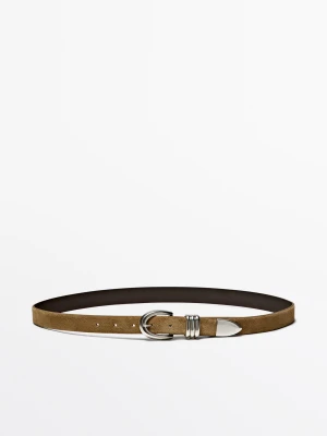 Skórzany, Zamszowy Pasek Z Metalowym Detalem - Piaskowy - L / 90cm - Massimo Dutti - Female