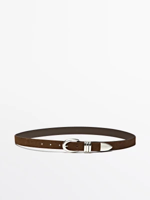 Skórzany Zamszowy Pasek Z Metalowym Detalem - Szarobrązowy - M / 85cm - Massimo Dutti - Female