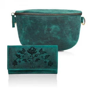 Zestaw portfel i skórzana saszetka damska elegancki włoski zielony Merg