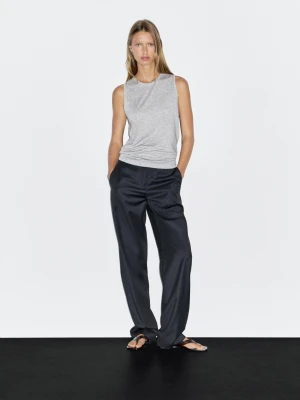 Sleeveless Crew Neck T-Shirt - Szary - - Massimo Dutti - Female
