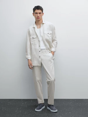 Slim Fit Cotton Blend Trousers - Szary - - Massimo Dutti - Male