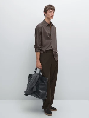 Slim Fit Melange Twill Shirt - Brązowy - - Massimo Dutti - Male