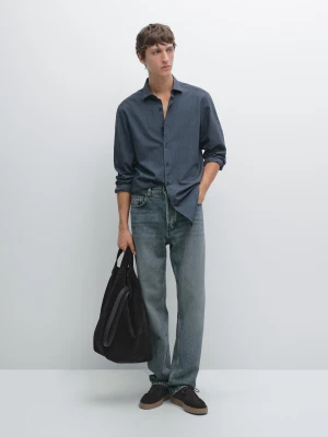 Slim Fit Melange Twill Shirt - Średni Niebieski - - Massimo Dutti - Male