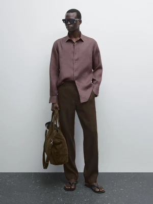 Slim Fit Shirt 100% Linen - Bakłażanowy/Oberżynowy - - Massimo Dutti - Male