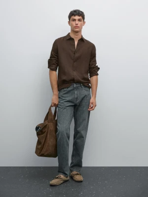 Slim Fit Shirt 100% Linen - Czekoladowy - - Massimo Dutti - Male