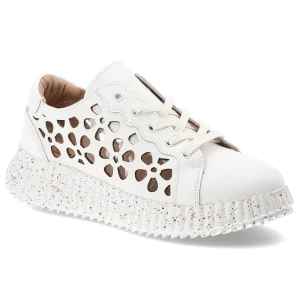 Sneakersy damskie Artiker, cholewka ze skóry naturalnej ażurowe wycięcia motyw kwiatowy wiązanie klasyczne, białe, 56C1167