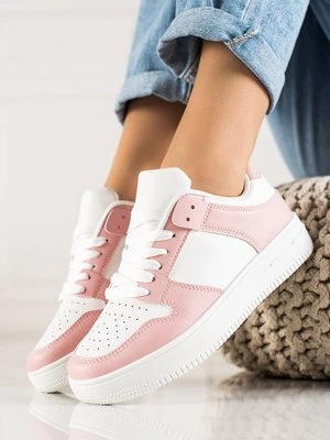 Sneakersy damskie białe z różowymi dodatkami Shelvt