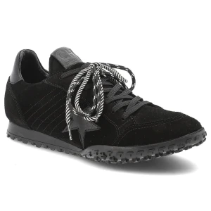 Sneakersy damskie Chebello, skórzane na płaskiej podeszwie z okrągłym noskiem i sznurowane, czarne, 4862