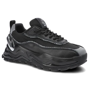 Sneakersy damskie Cross Jeans, z połączenia materiałów syntetycznych z łączoną cholewką o dynamicznej formie oraz grubą amortyzującą podeszwą, czarne