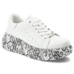 Sneakersy damskie Filippo, cholewka skóra naturalna licowa perforowana sznurowanie klasyczne niski fason gruba podeszwa z kontrastowym nadrukiem, bia