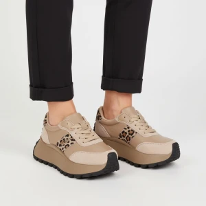 Sneakersy damskie Filippo, cholewka skóra naturalna licowa zamszowe panele sznurowanie kontrastowe wstawki z motywem zwierzęcym masywna podeszwa, beż