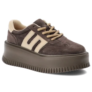 Sneakersy damskie Filippo o sportowym fasonie z kontrastowymi wstawkami i jasnymi sznurówkami osadzone na wysokiej masywnej platformie ciemnobrązowe brązowy