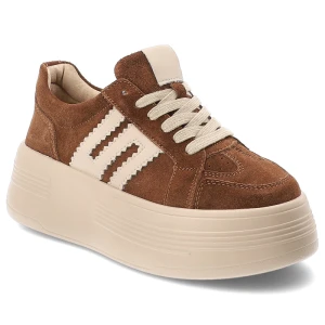 Sneakersy damskie Filippo, wykonane ze skóry naturalnej i skóry zamszowej fason na wysokiej platformie, brązowe, DP7704/26 BR