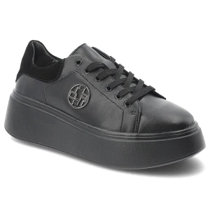 Sneakersy damskie Filippo, wykonane ze skóry naturalnej modny fason na wysokiej platformie klasyczne sznurowanie, czarne, DP6058 / 26 BK