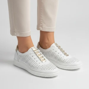 Sneakersy damskie S.Barski, cholewka skóra naturalna perforowana wiązanie klasyczne niski fason zaokrąglony nosek, białe, GR61-5992