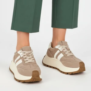 Sneakersy damskie S.Barski, cholewka skóra naturalna zamszowa kontrastowe panele wiązanie klasyczne fason niski zaokrąglony nosek masywna wizualnie p