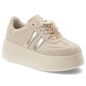 Sneakersy damskie S.Barski o sportowym fasonie z kontrastowymi połyskującymi wstawkami ozdobnymi perełkami i wysoką masywną platformą beżowe, GR62-60