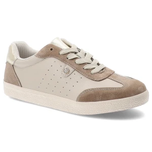 Sneakersy damskie S.Barski, sportowe ze skóry naturalnej wstawki zamszowe perforowana cholewka sznurowane lekka podeszwa casual, beżowe, LR61-7091