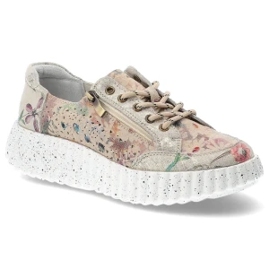 Sneakersy damskie Vinceza, cholewka ze skóry naturalnej z kolorowym, kwiatowym wzorem klasyczne sznurowanie dodatkowe zapięcie na zamek z boku, złote