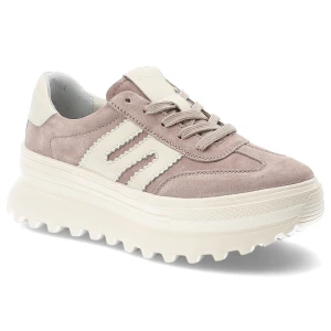 Sneakersy damskie Vinceza, cholewka ze skóry naturalnej zamszowej z kontrastowymi panelami klasyczne wiązanie masywna platformowa podeszwa, beżowe, 7