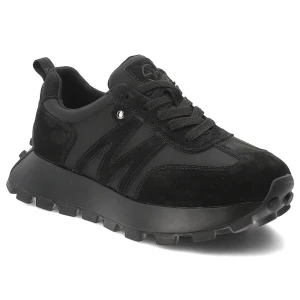 Sneakersy damskie Vinceza skórzane o sportowym fasonie ze sznurowaniem kontrastowymi wstawkami i masywną podeszwą z bieżnikiem czarne, 41520 BK