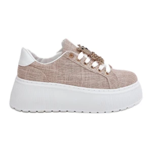 Sneakersy Na Platformie Z Przypinką Miś S.Barski BF51-014 Beżowe beżowy