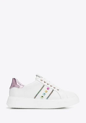 Sneakersy z imitacji skóry z ozdobami biało - różowe Wittchen