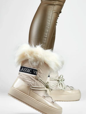 Śniegowce wysokie beżowe damskie buty ocieplane z futerkiem Merg