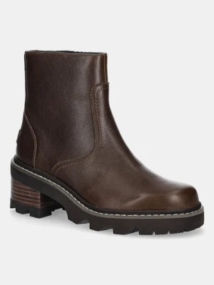 Sorel botki skórzane JOAN NOW ZIP BOOTIE damskie kolor brązowy na słupku lekko ocieplone 2138431256