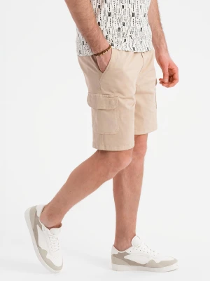 Spodenki męskie bawełniane cargo z elastycznym pasem – beżowe V3 - Rozmiar: M Ombre Clothing