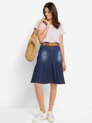 Spódnica dżinsowa z zakładkami i wygodnym paskiem, fason o linii litery A bonprix