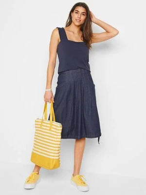 Spódnica dżinsowa ze stretchem, ze szczypankami, wiązanym troczkiem i wygodnym paskiem w talii bonprix