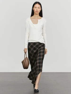 Spódnica Midi Z Wełny I Bawełny W Kratę Z Rozcięciem - Czarny - Massimo Dutti - Female