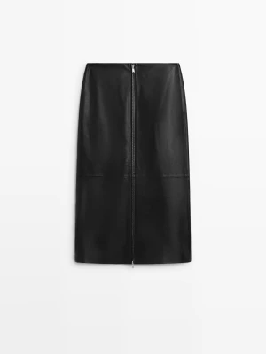 Spódnica Midi Ze Skóry Nappa Zapinana Na Zamek - Czarny - Massimo Dutti - Female
