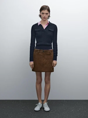 Spódnica Mini Z Zamszowej Skóry - Brązowy - - Massimo Dutti - Kobieta