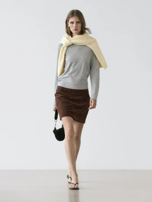 Spódnica Mini Z Zamszowej Skóry - Brązowy - - Massimo Dutti - Kobieta