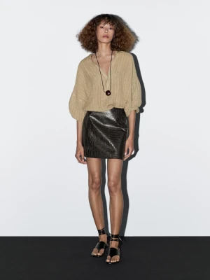 Spódnica Mini Ze Skóry Nappa W Krokodyli Wzór - Brązowy - - Massimo Dutti - Kobieta