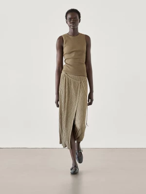 Spódnica Pareo Średniej Długości Z Zakładkami - Khaki - - Massimo Dutti - Kobieta