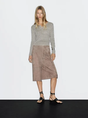 Spódnica Pareo Średniej Długości Z Zamszowej Skóry - Szarobrązowy - - Massimo Dutti - Kobieta