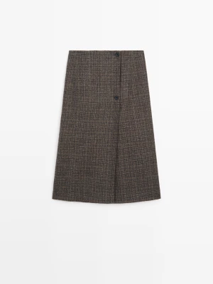 Spódnica Średniej Długości Kopertowa Z Guzikami - Szarobrązowy - Massimo Dutti - Female