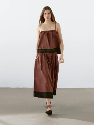 Spódnica Średniej Długości W Kwiaty Ze Wstążkami - Czekoladowy - - Massimo Dutti - Kobieta