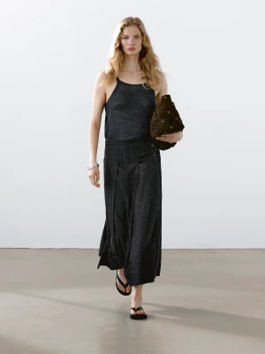 Spódnica Średniej Długości Z Bawełnianego Denimu - Ciemnoszary - - Massimo Dutti - Kobieta