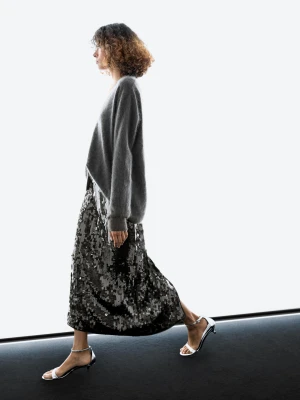 Spódnica Średniej Długości Z Cekinami - Zielony - - Massimo Dutti - Kobieta