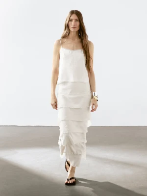 Spódnica Średniej Długości Z Falbaną - Surowy - - Massimo Dutti - Kobieta