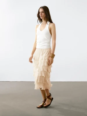 Spódnica Średniej Długości Z Falbanami - Surowy - - Massimo Dutti - Kobieta