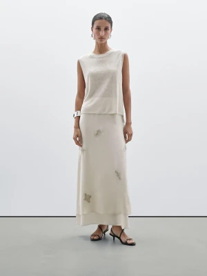 Spódnica Średniej Długości Z Haftem - Surowy - - Massimo Dutti - Kobieta