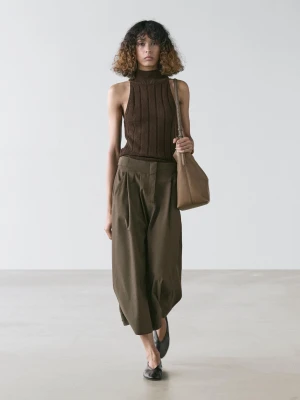 Spódnica Średniej Długości Z Zakładkami - Khaki - - Massimo Dutti - Kobieta