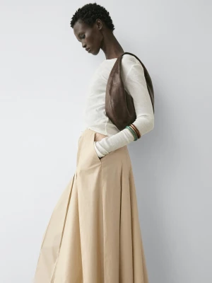 Spódnica Średniej Długości Z Zakładkami Z Bawełny - Piaskowy - - Massimo Dutti - Kobieta