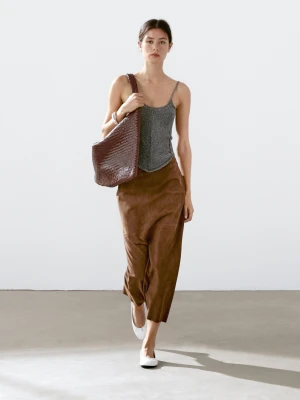 Spódnica Średniej Długości Z Zamszowej Skóry - Brązowy - - Massimo Dutti - Kobieta